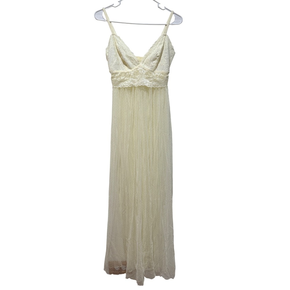 Bohemian Lace Mesh Maxi Dress Butter Yellow Cream Ivory Swiss Dot Bridal M Sheer